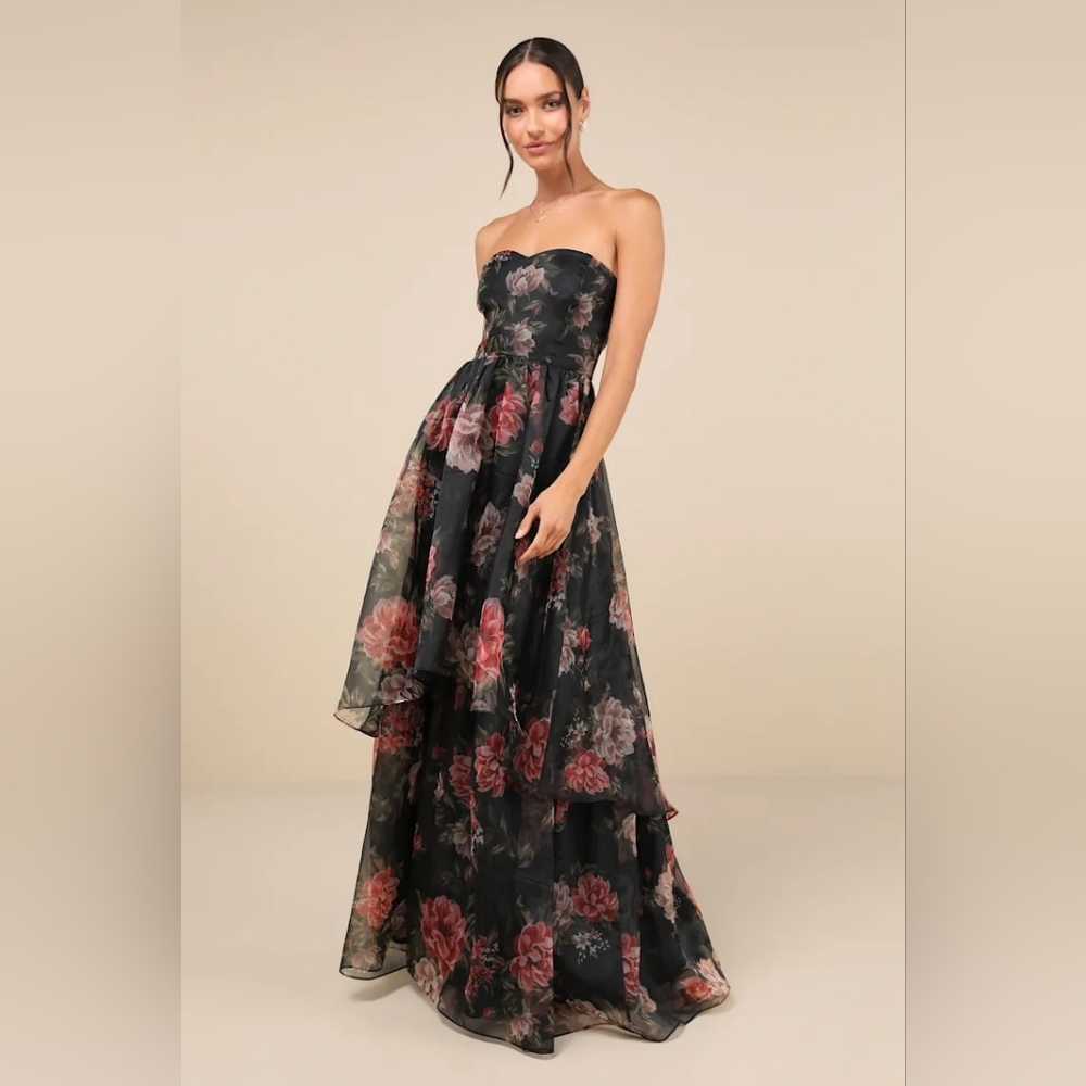 Lulu's Black and Pink Floral Strapless Dress